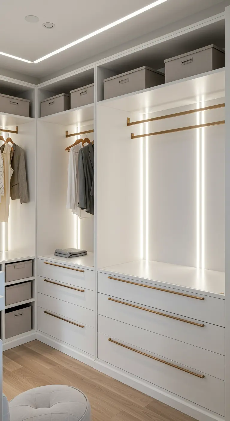 Dressing blanc moderne avec un éclairage LED vertical intégré aux penderies.