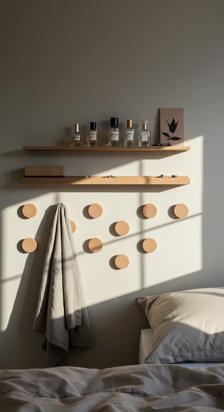 Mur décoré de patères rondes en bois et d'étagères fines au-dessus d'un lit.