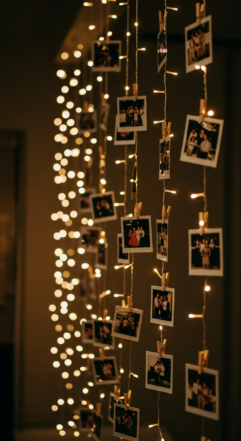 Guirlandes lumineuses verticales auxquelles sont accrochées des photos avec des pinces.