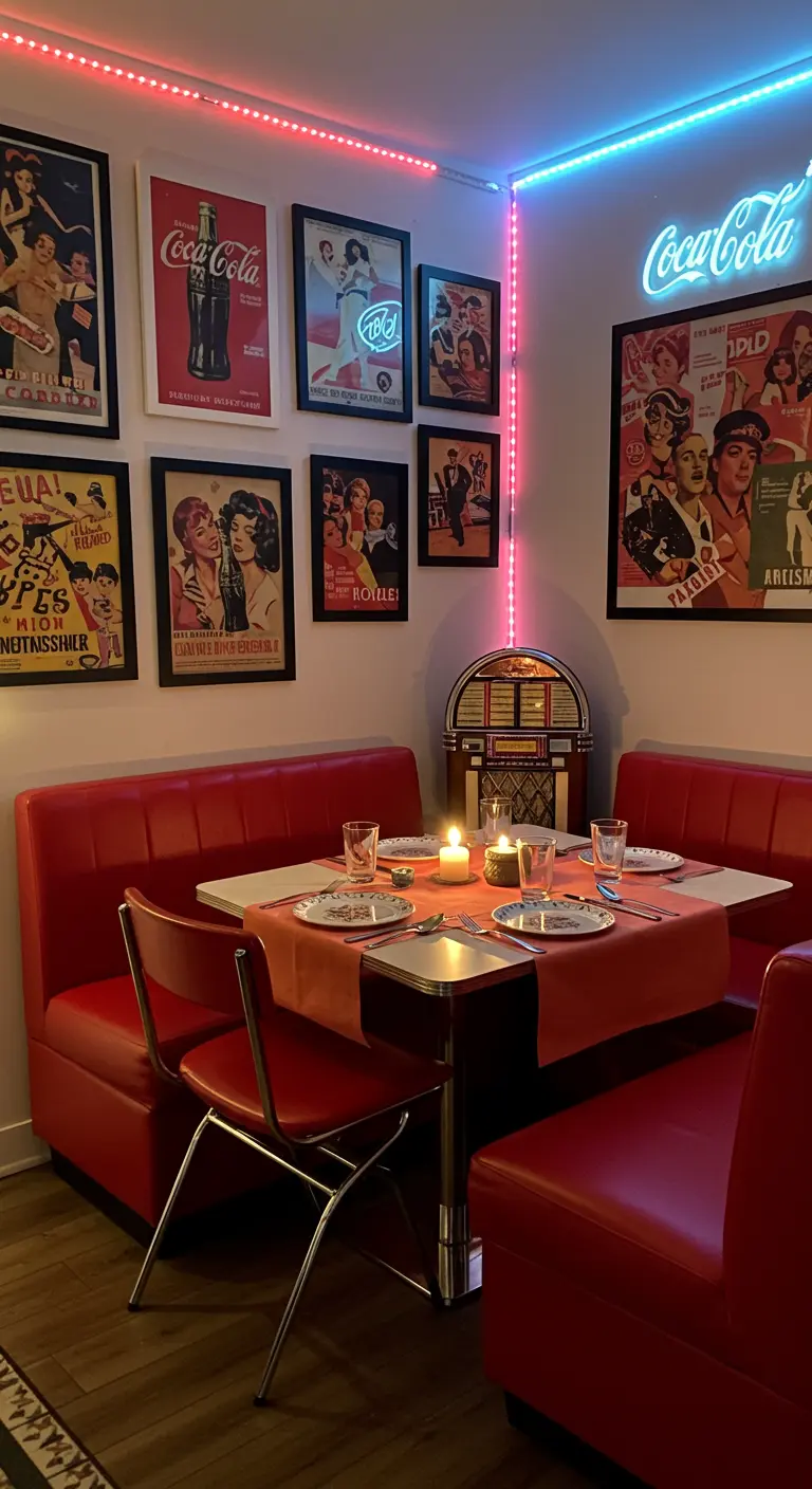 Coin repas avec des banquettes rouges et un mur couvert d'affiches Coca-Cola vintage.