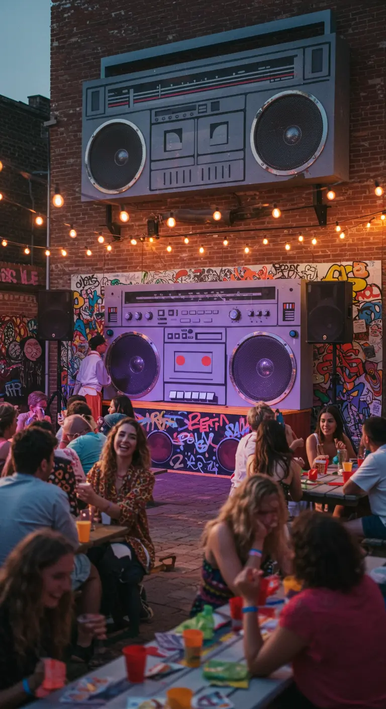 Fête en extérieur avec un ghettoblaster géant sur un mur de briques.