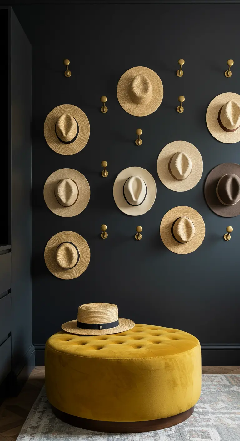 Mur sombre décoré de chapeaux de paille suspendus à des patères dorées.