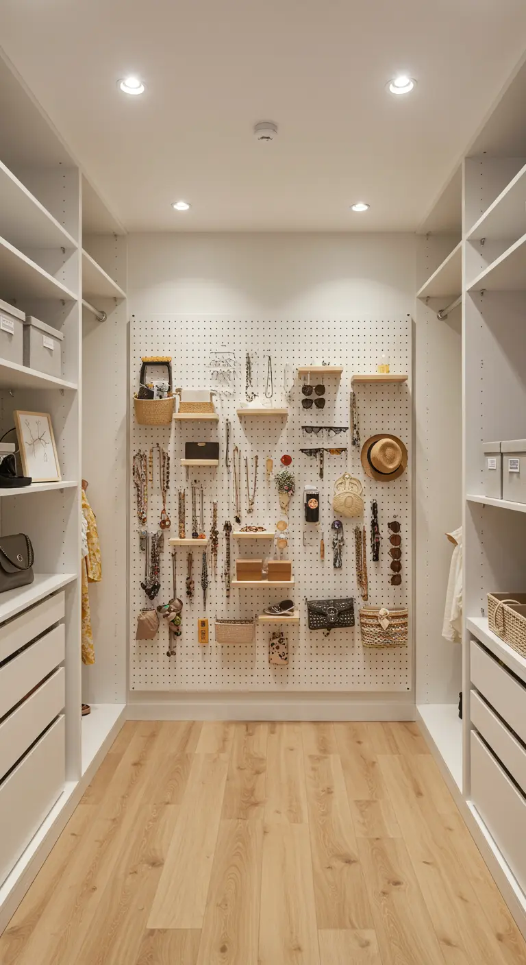 Un grand panneau perforé blanc au fond d'un dressing, organisant bijoux, sacs et chapeaux.