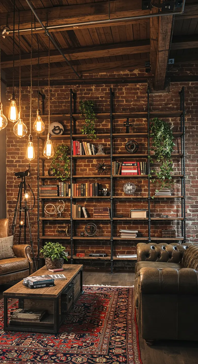 Grande bibliothèque de style industriel contre un mur de briques, avec canapés en cuir et plantes.