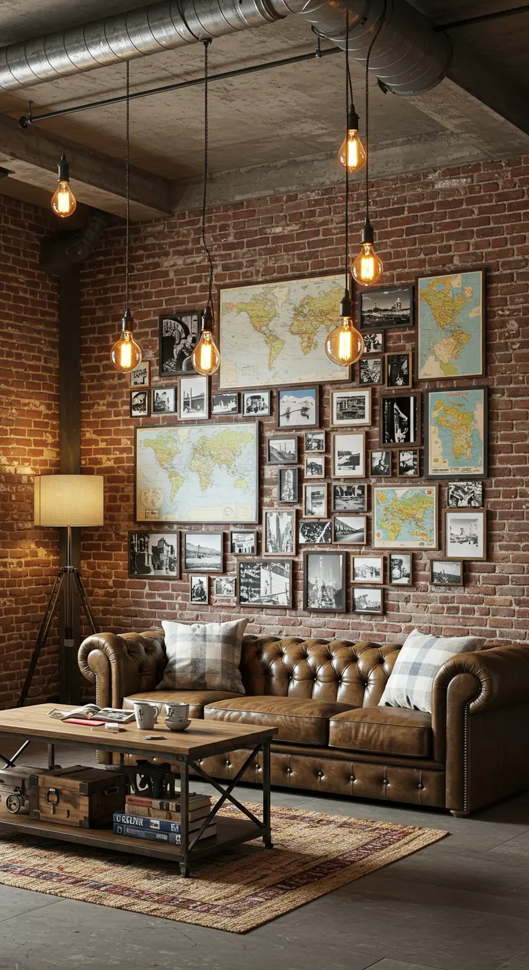 Mur de briques avec des cartes du monde et des photos de voyage encadrées, style industriel.