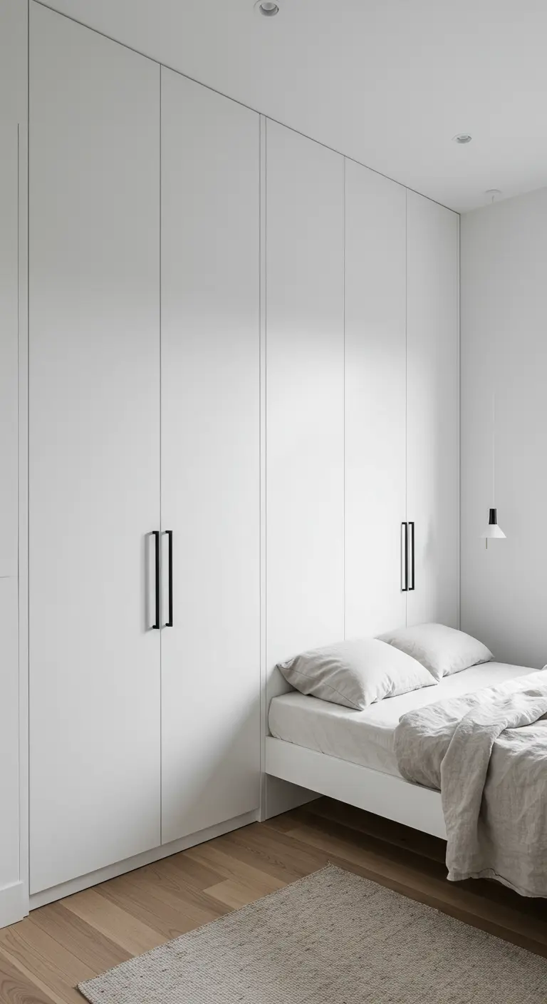 Armoires blanches du sol au plafond avec des poignées noires minimalistes à côté d'un lit.
