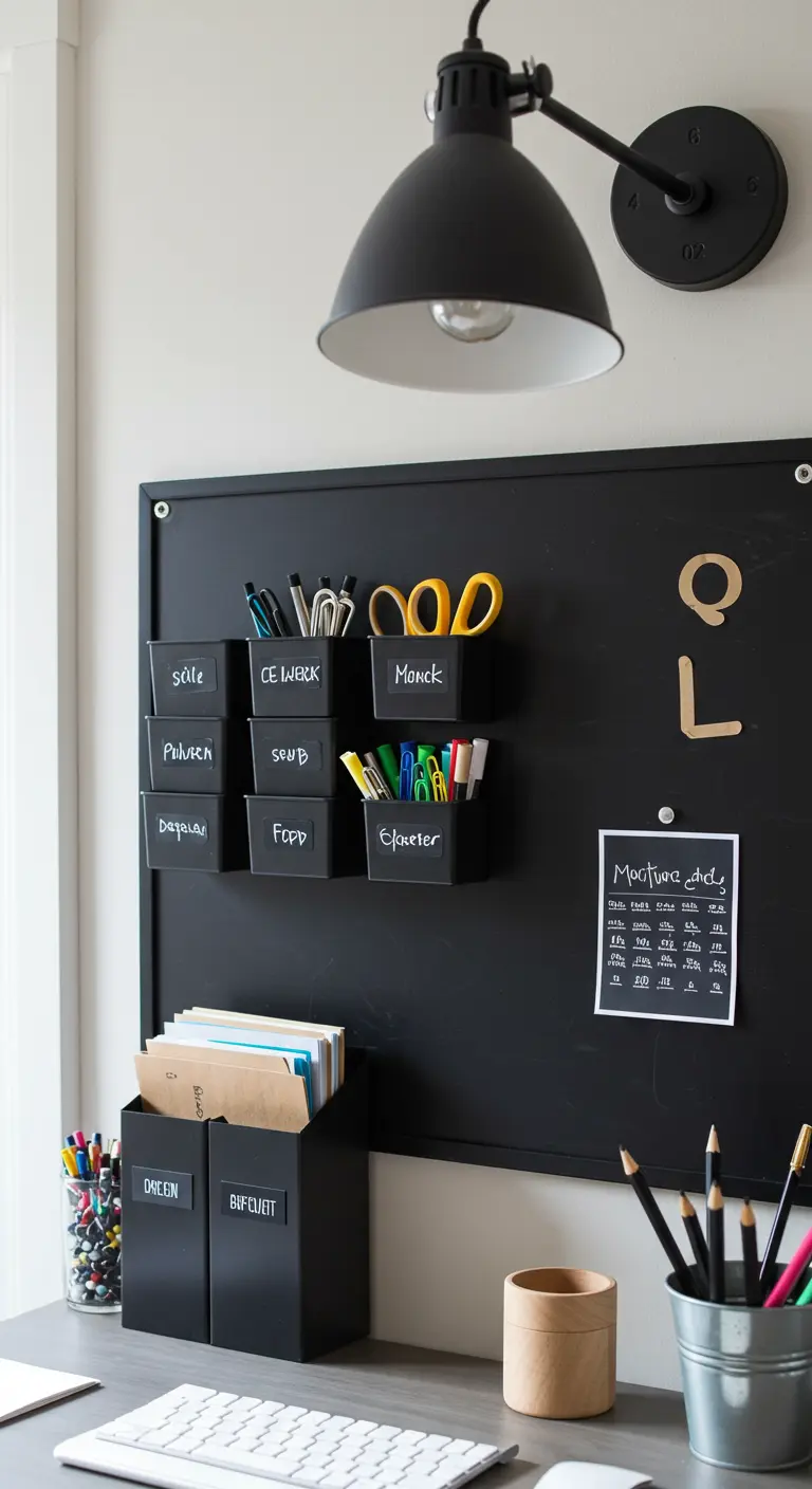 Panneau mural noir mat servant de tableau noir et de support magnétique pour des accessoires.