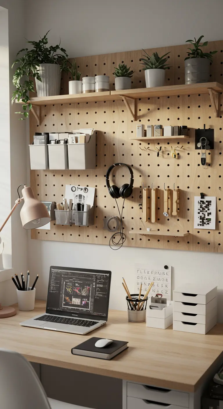 Panneau mural perforé en bois avec des rangements modulaires et des plantes.