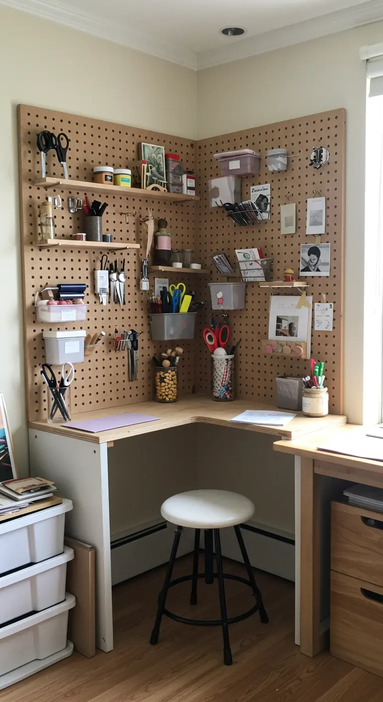 Bureau d'angle avec un grand panneau perforé (pegboard) pour organiser les fournitures.