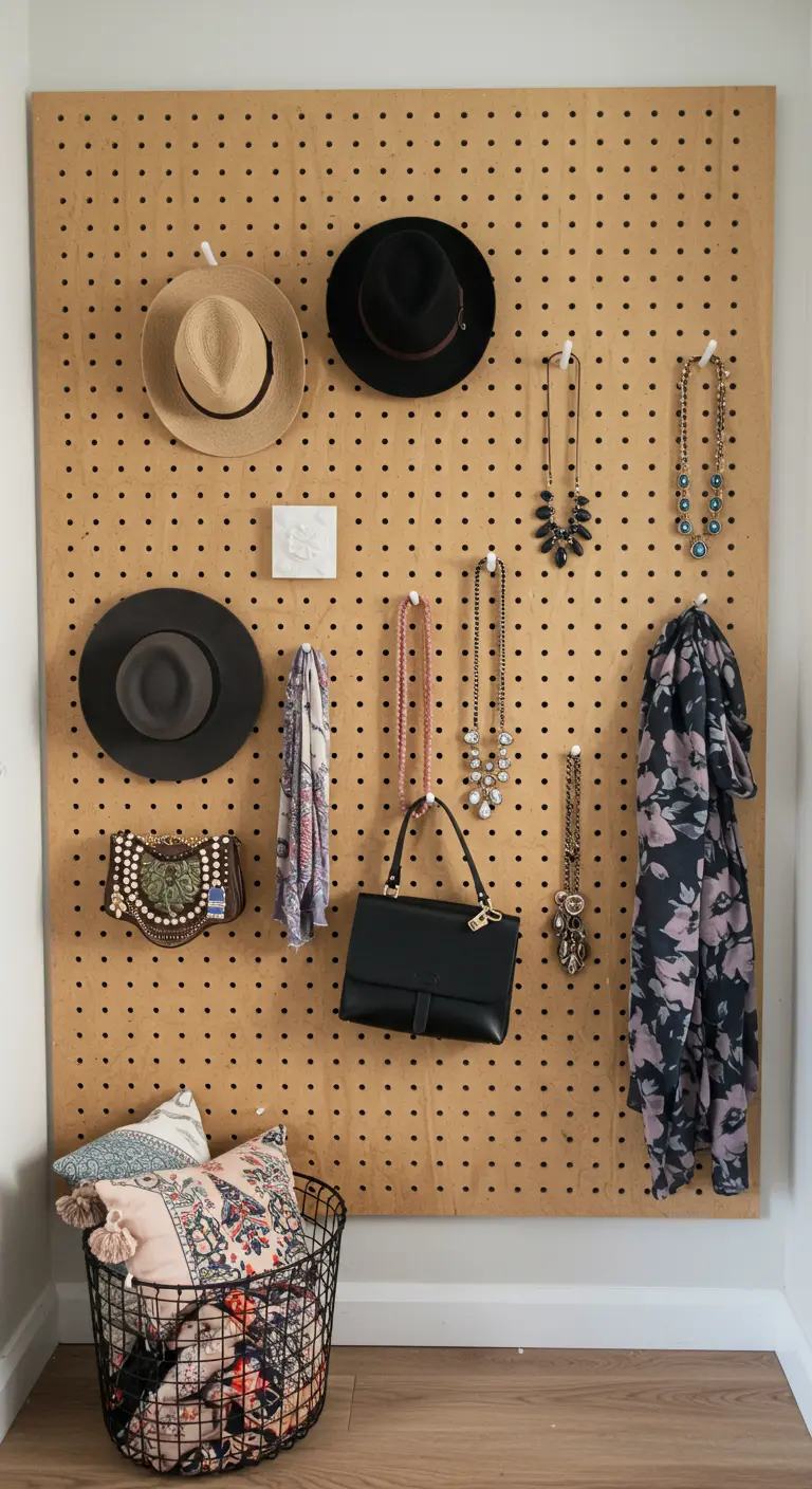 Grand panneau mural perforé en bois utilisé pour suspendre des chapeaux, sacs et colliers.