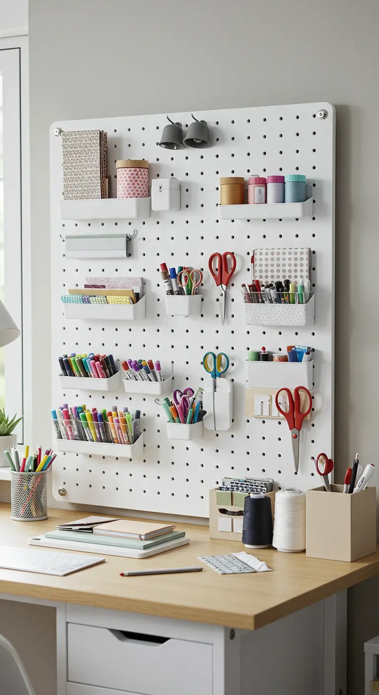 Panneau perforé blanc fixé au-dessus d'un bureau, organisé avec des fournitures d'art et de bureau.