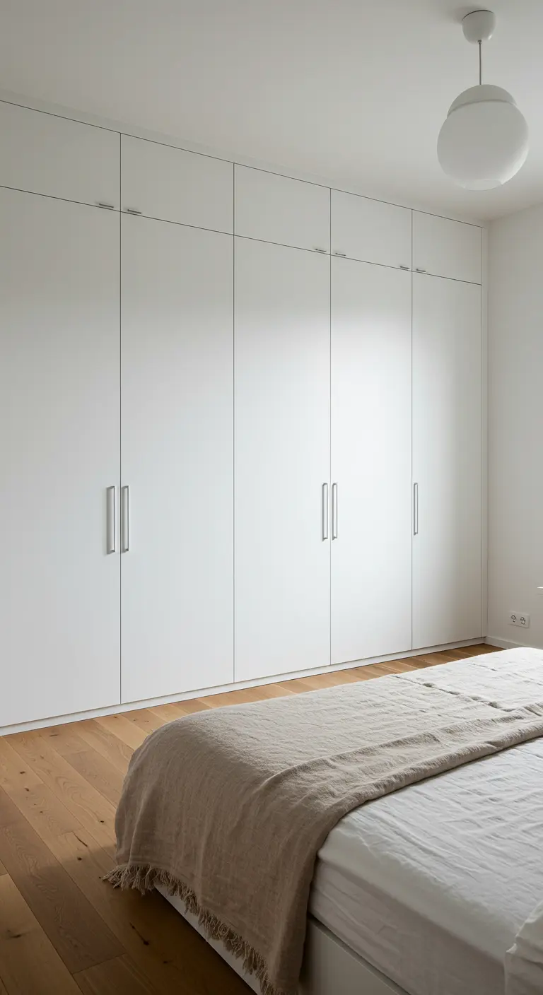 Garde-robe blanche du sol au plafond, intégrée dans une chambre minimaliste.