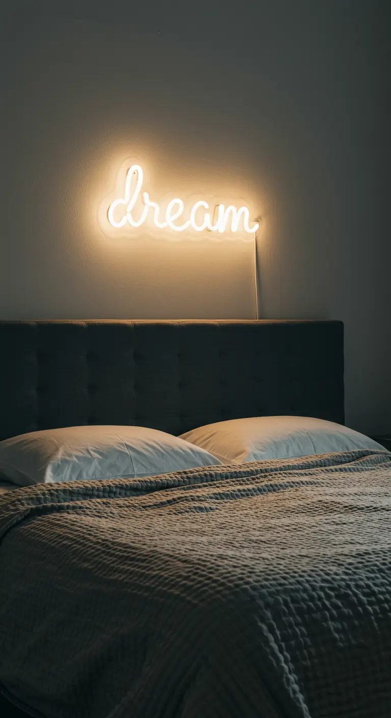 Une enseigne lumineuse au néon blanc formant le mot 'dream' au-dessus d'un lit.