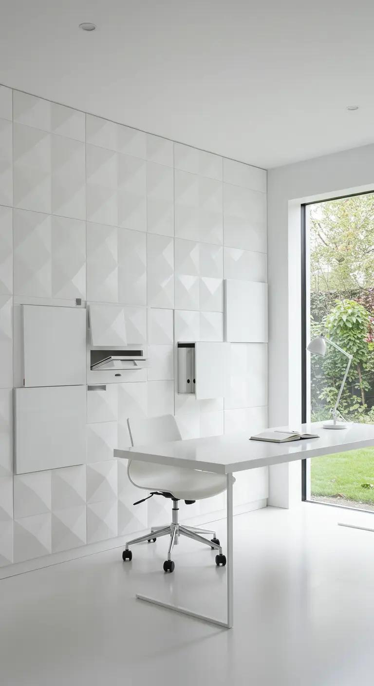 Mur blanc avec panneaux 3D géométriques dont certains s'ouvrent en placards.