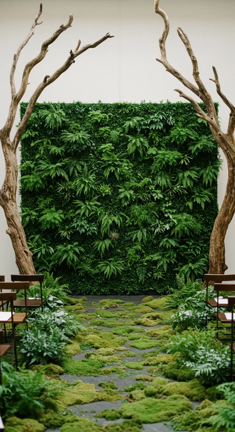 Mur de fougères et de mousse servant de toile de fond pour une cérémonie de mariage.