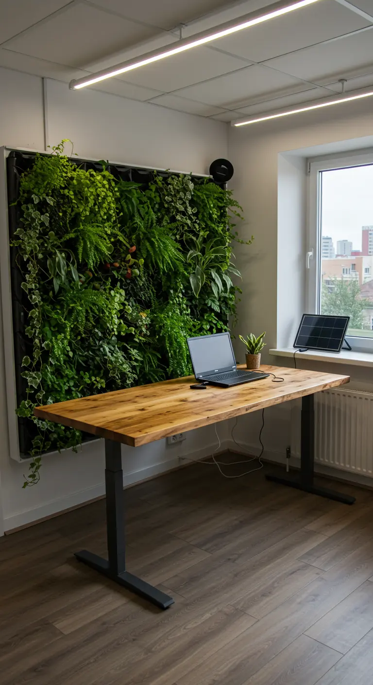 Bureau avec un grand mur végétal luxuriant en arrière-plan, créant un effet jungle.