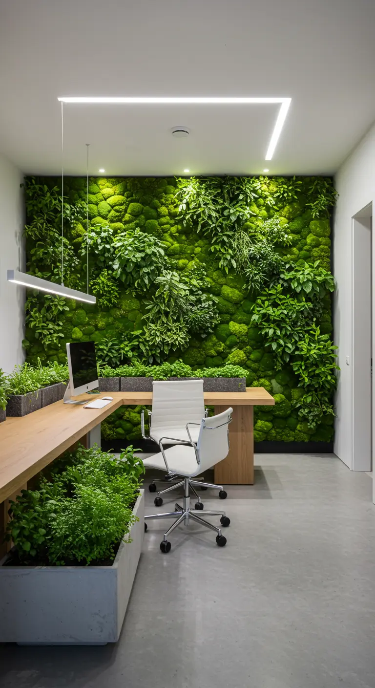 Bureau moderne avec un immense mur végétal luxuriant en arrière-plan.