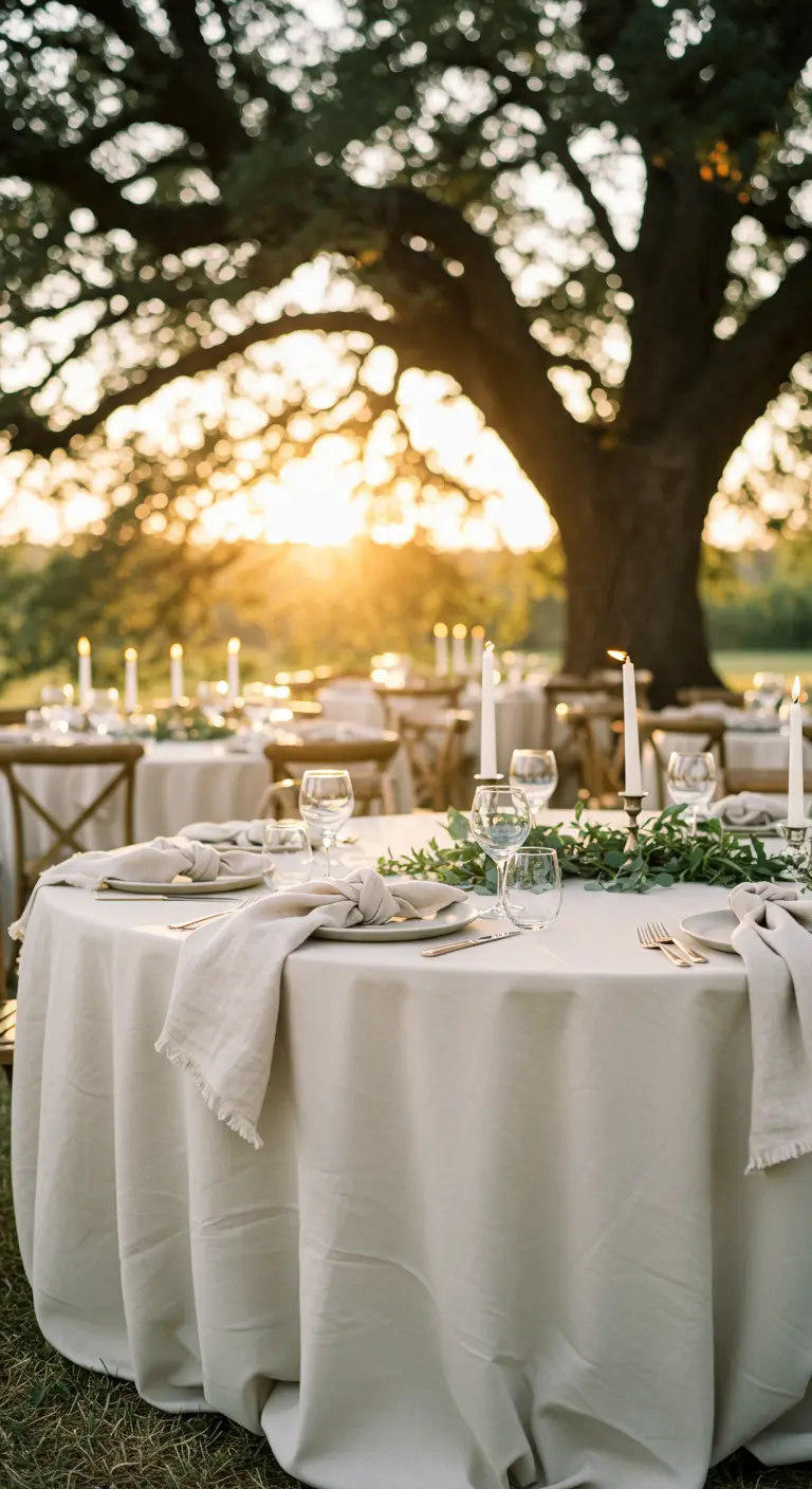 Nappe et serviette en lin beige nouée, table de mariage au coucher du soleil.