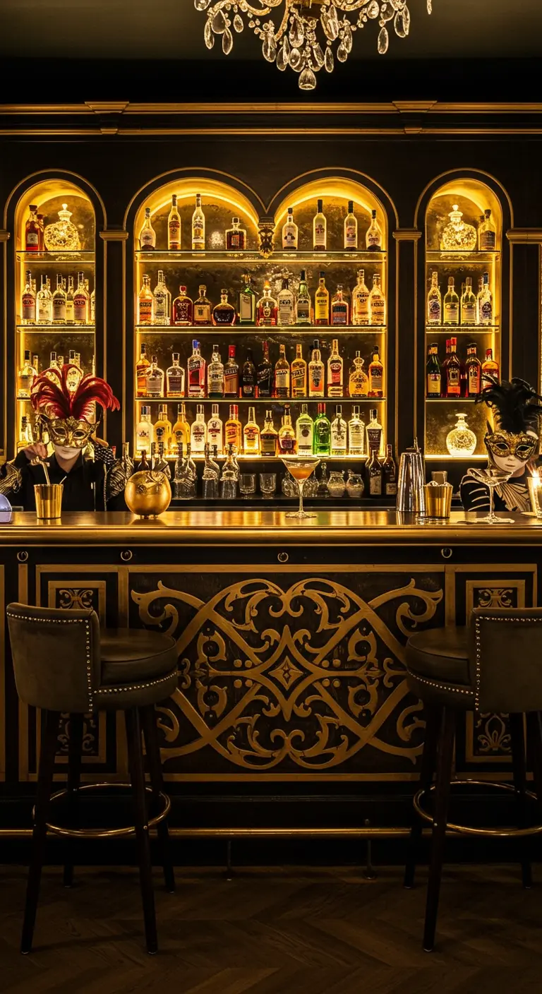 Bar élégant avec des étagères illuminées et deux barmans masqués préparant des cocktails.