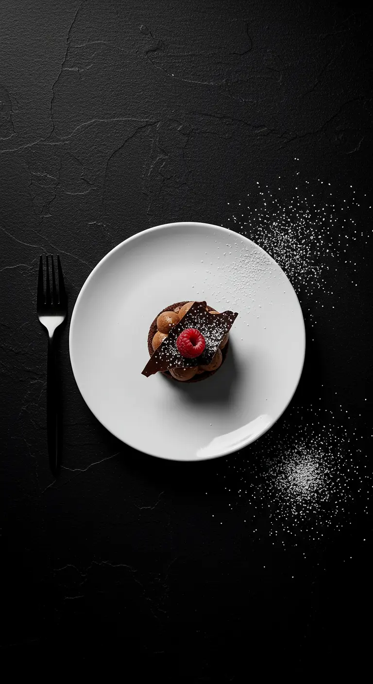 Dessert au chocolat sur une assiette blanche avec un fond noir.