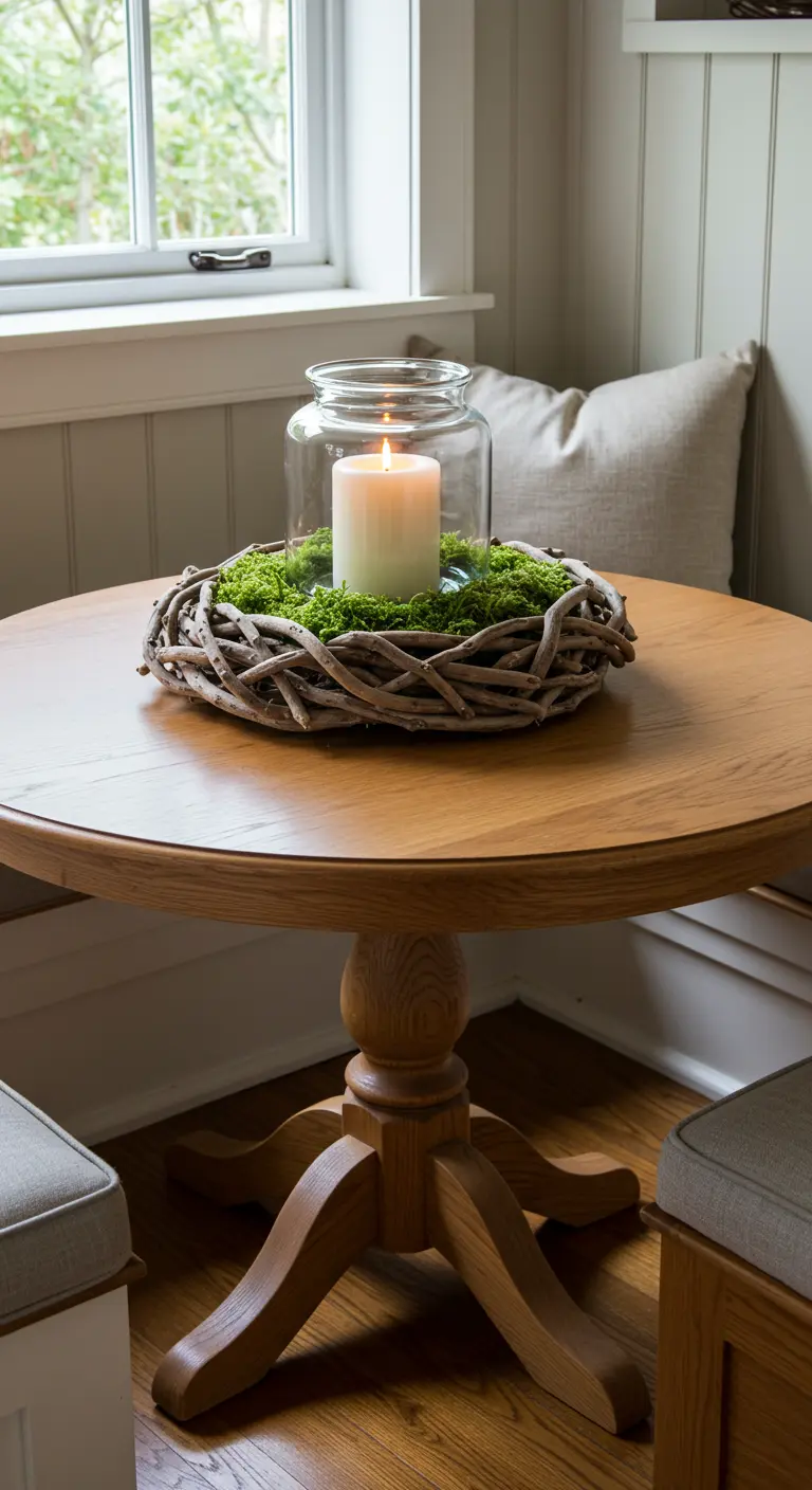 Centre de table pour petite table ronde, avec couronne de bois, mousse et bougie en bocal.