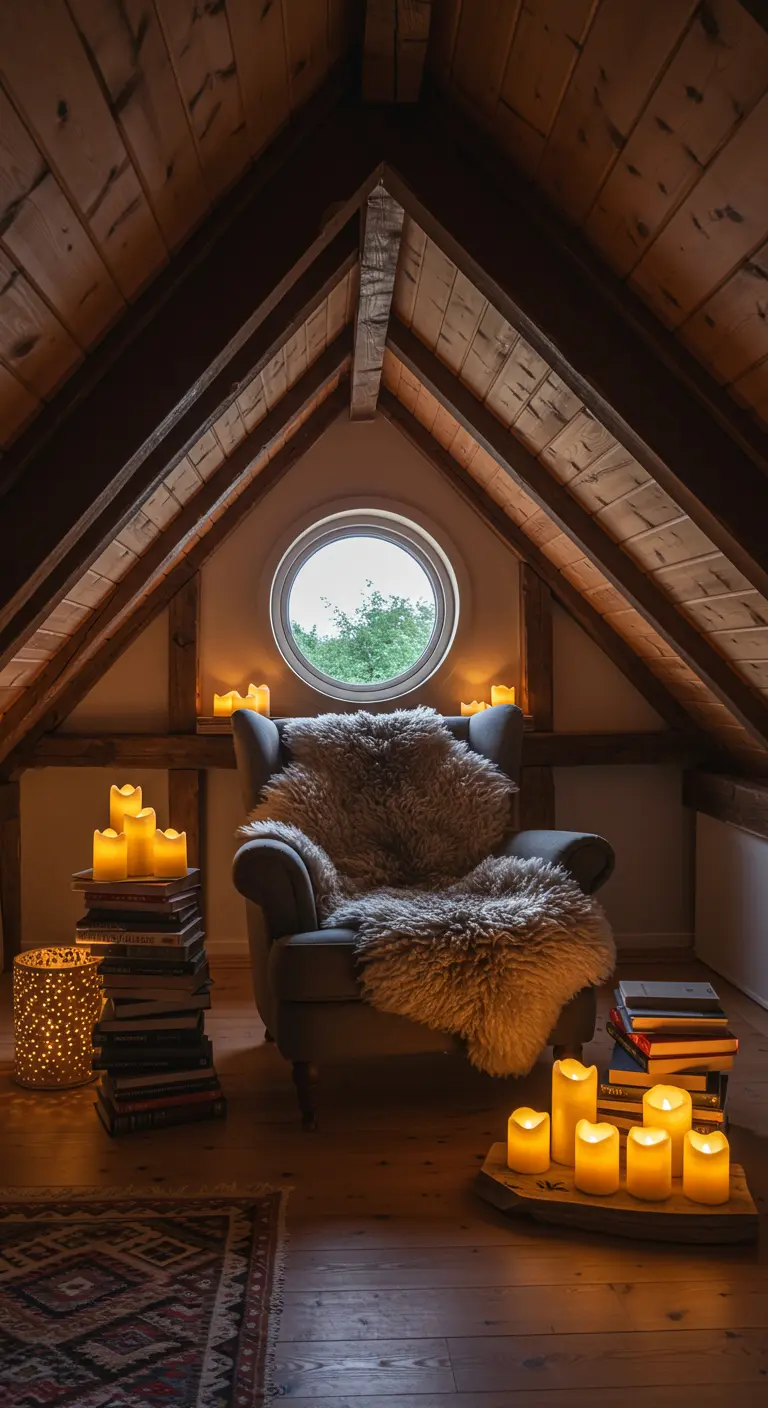 Fauteuil confortable sous les combles, avec une peau de mouton et des bougies.