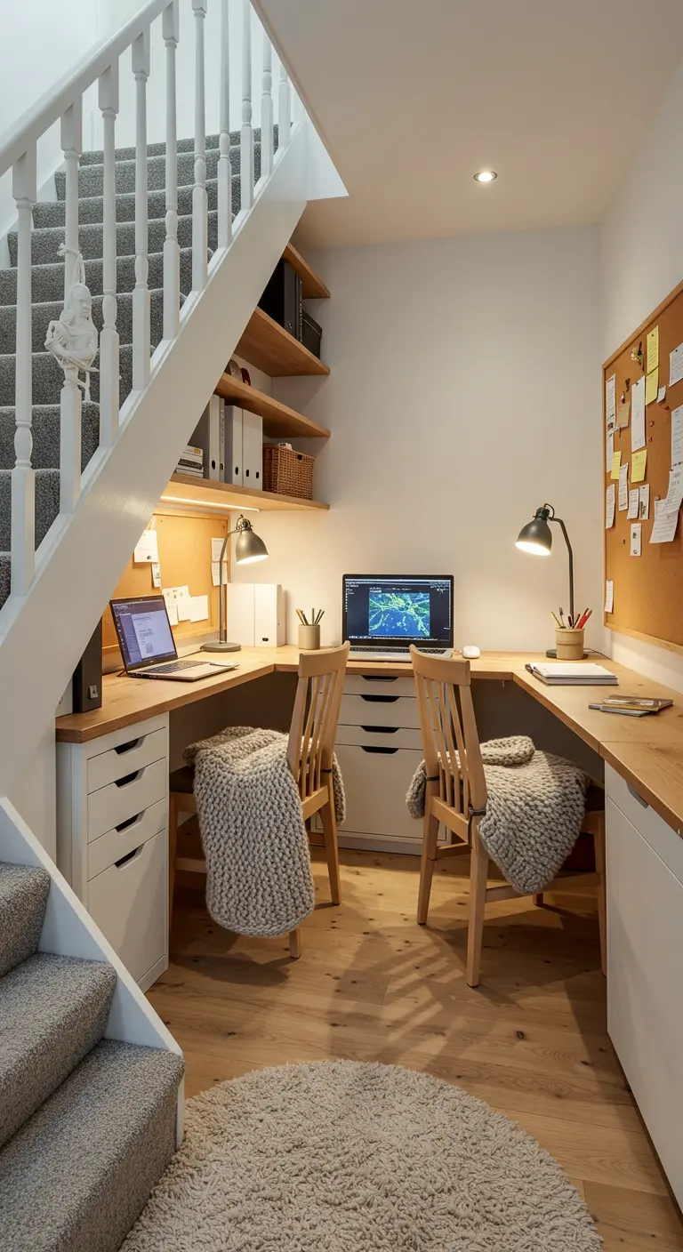 Bureau double aménagé sous un escalier avec des plans de travail en bois et des plaids sur les chaises.
