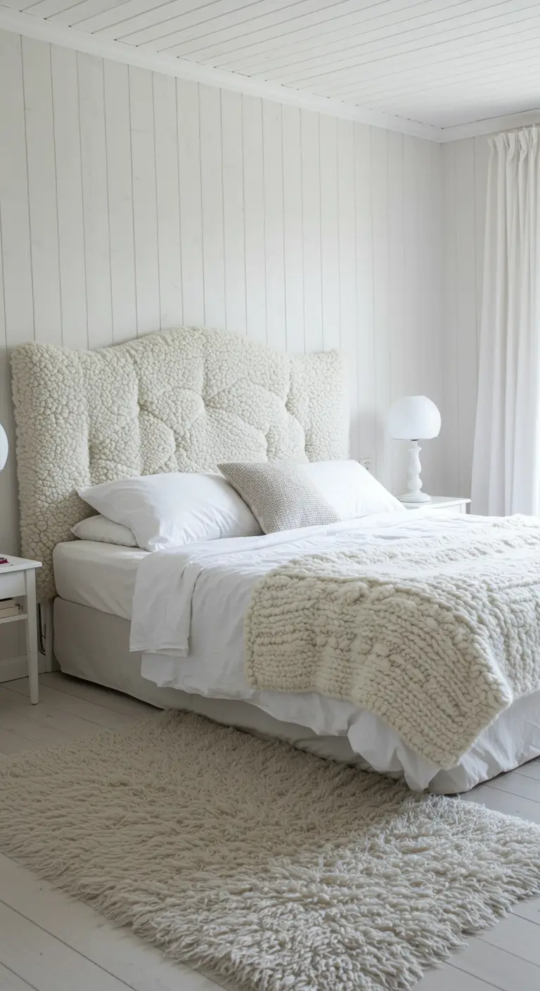 Tête de lit capitonnée en tissu bouclé blanc cassé.