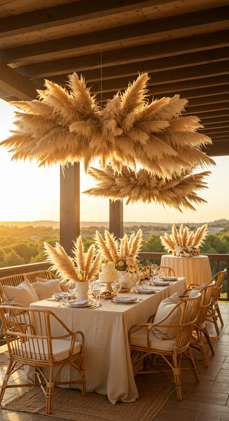 Grand nuage d'herbes de la pampa suspendu au-dessus d'une table dressée en extérieur.
