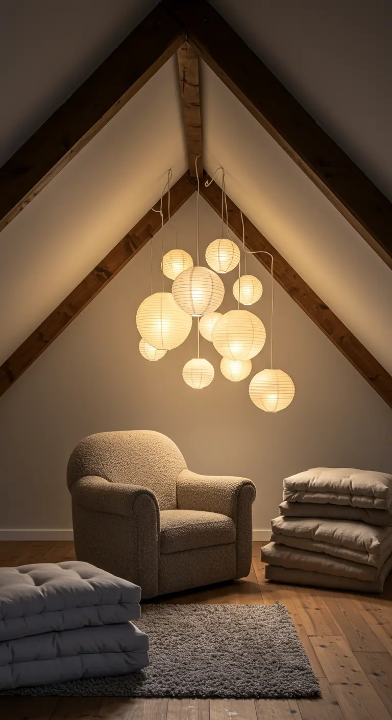 Un groupe de lampions en papier blanc suspendus à différentes hauteurs sous un toit en pente.