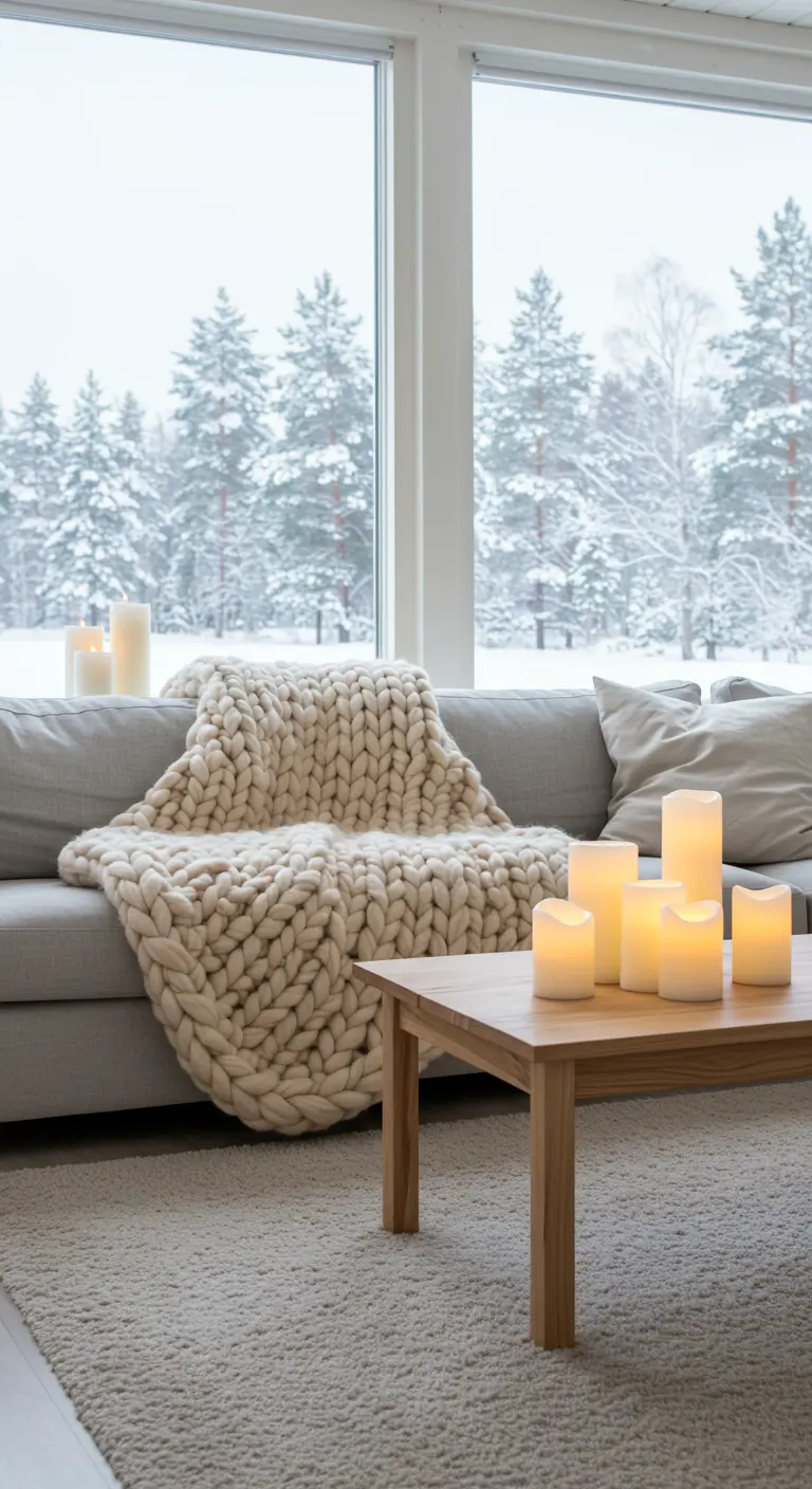 Salon scandinave avec plaid en grosse maille et bougies LED sur la table basse.