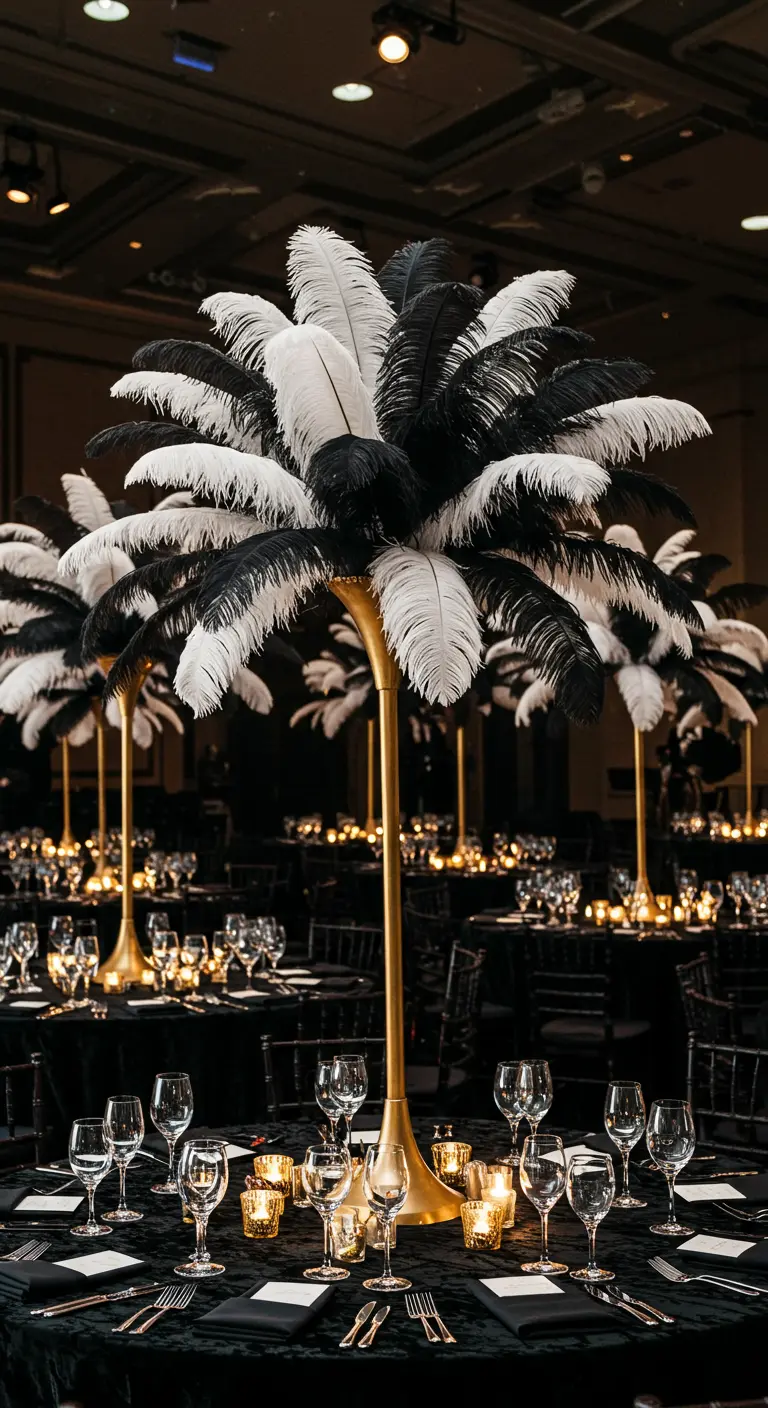 Centre de table spectaculaire composé de plumes d'autruche noires et blanches dans un vase doré.