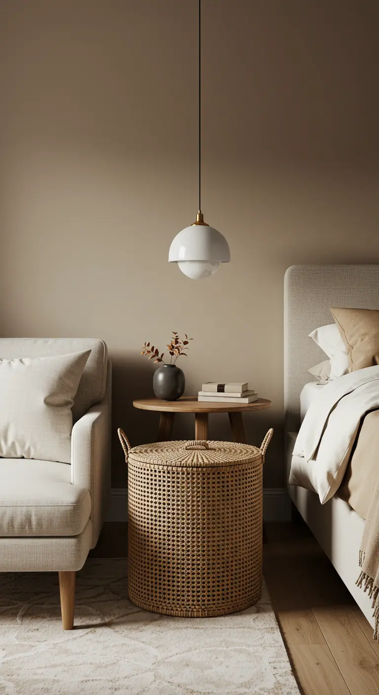 Grand panier en rotin avec couvercle servant de table d'appoint à côté d'un canapé.