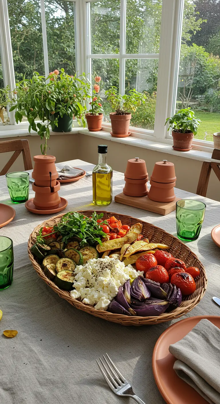 Légumes grillés et feta servis dans un grand panier en osier sur une table de jardin.