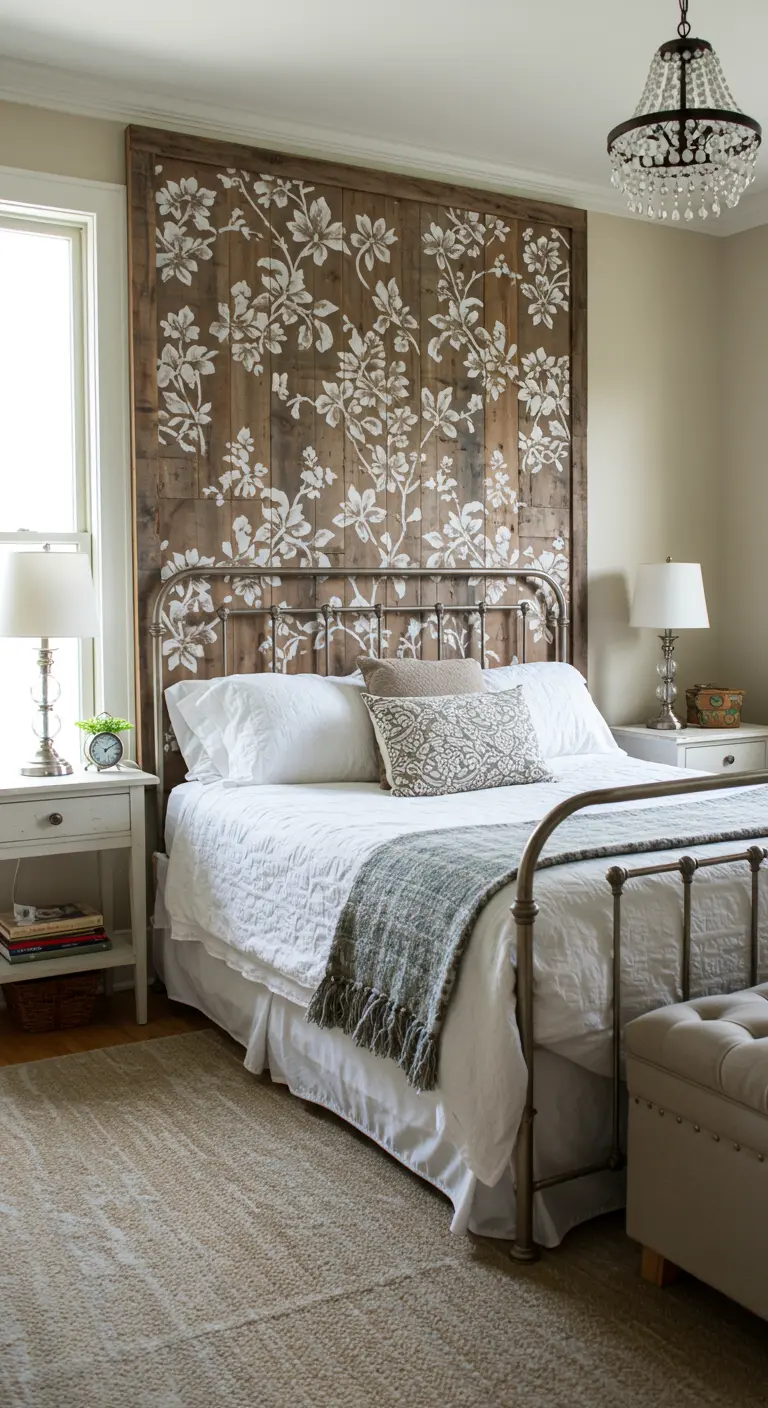 Haute tête de lit en planches de bois foncé avec un motif floral blanc peint au pochoir.