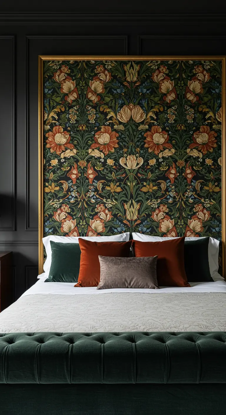 Panneau de papier peint à motif floral luxuriant, encadré d'or, servant de tête de lit.