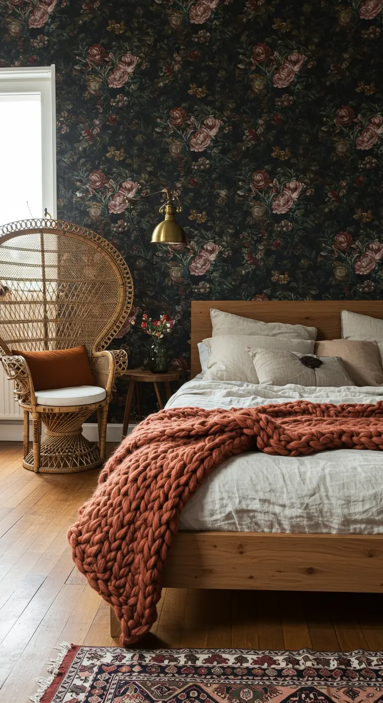 Chambre avec papier peint floral sombre, fauteuil en rotin et plaid en grosse maille.