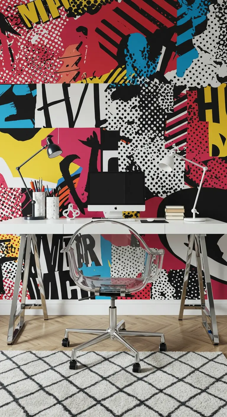 Mur de bureau couvert d'un papier peint de style pop art avec des motifs graphiques et des couleurs vives.
