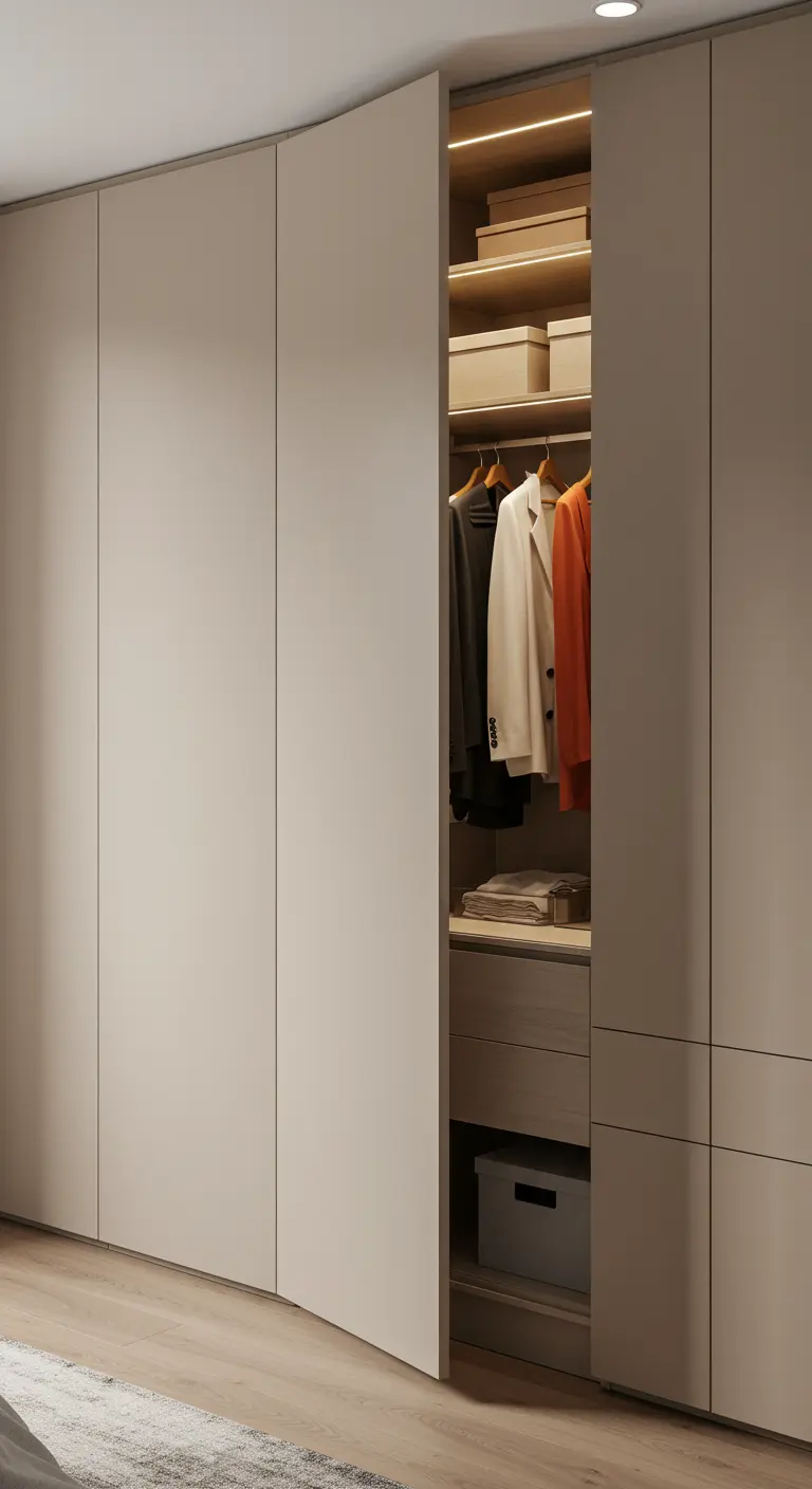 Portes de placard minimalistes et sans poignées qui s'ouvrent pour révéler un dressing bien organisé.