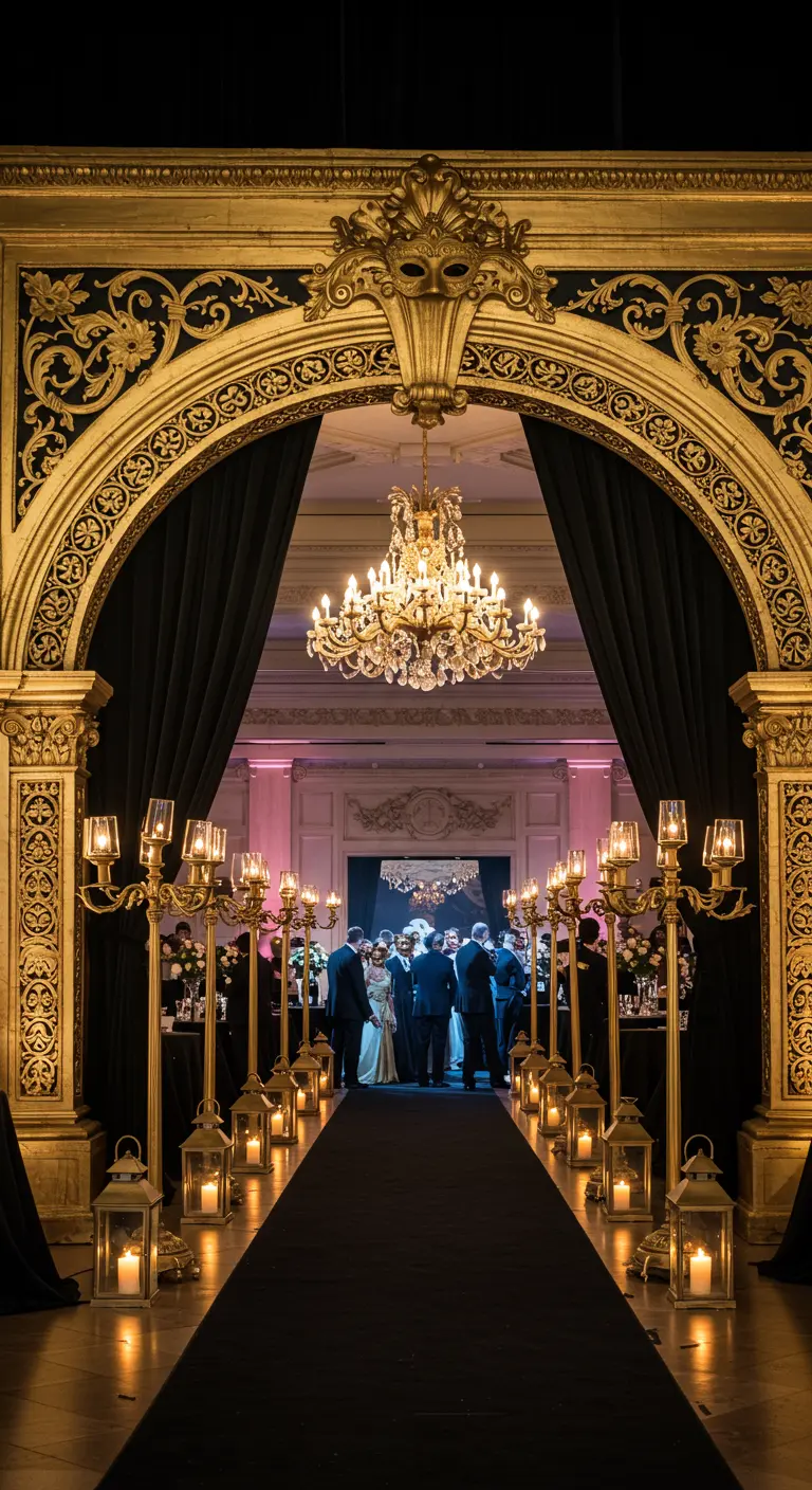 Entrée majestueuse avec une arche dorée, des rideaux noirs et un chemin de lanternes.