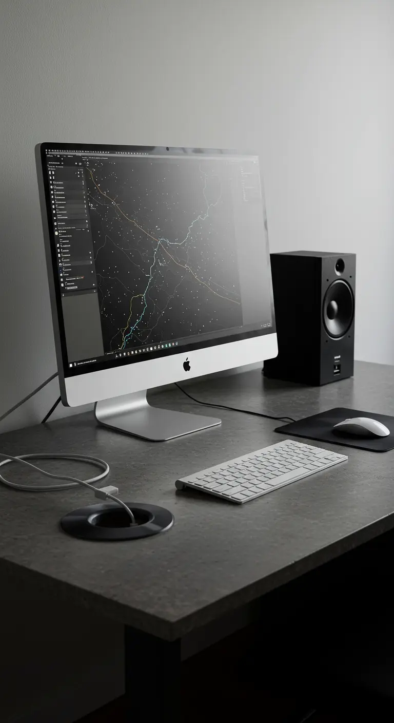 Gros plan sur un passe-câble noir encastré dans un bureau gris foncé, les fils passant à travers.