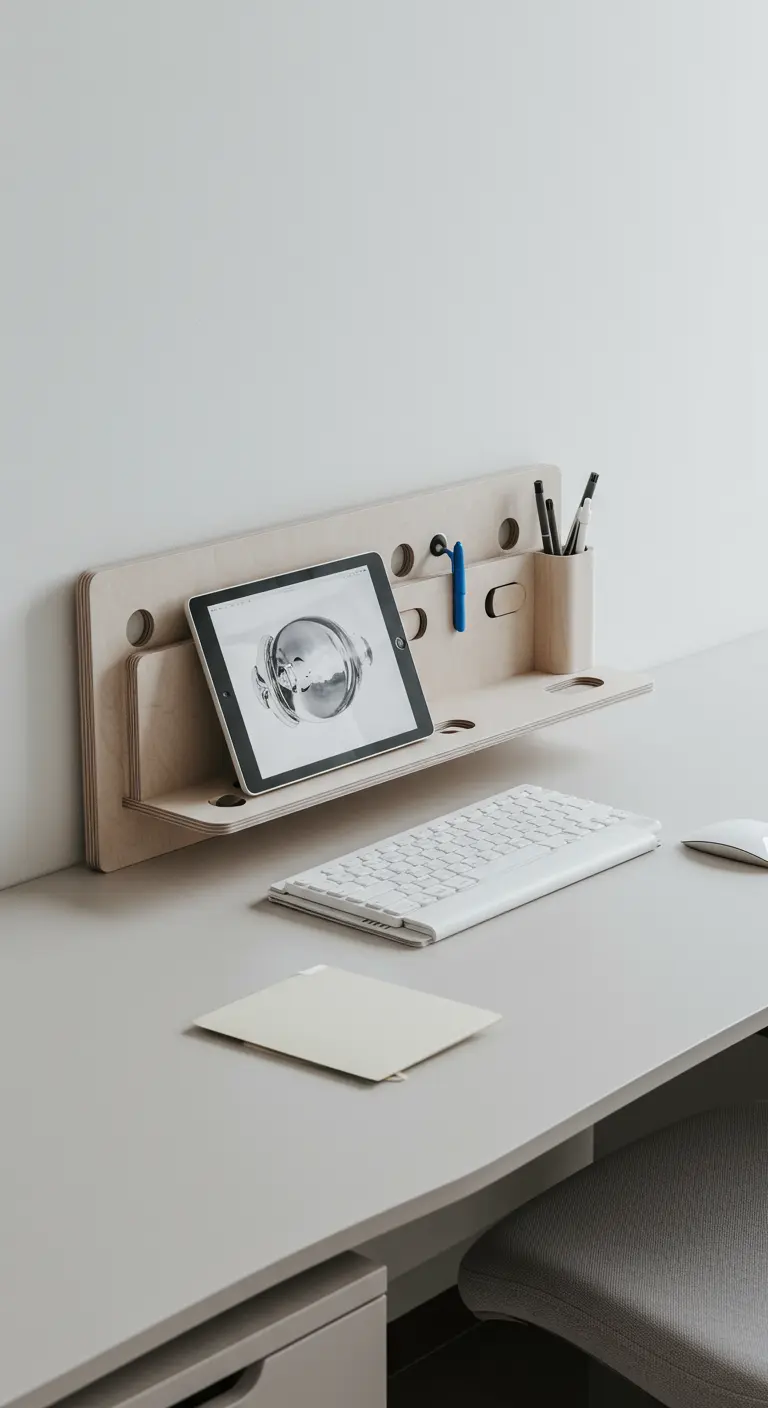 Étagère murale minimaliste en bois clair supportant une tablette, un clavier et des stylos.