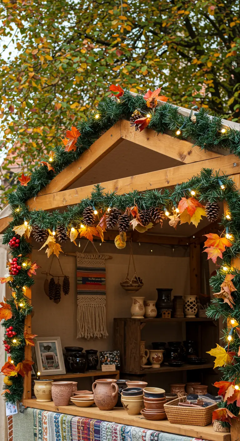 Stand de marché en bois décoré de guirlandes de sapin, feuilles et lumières.