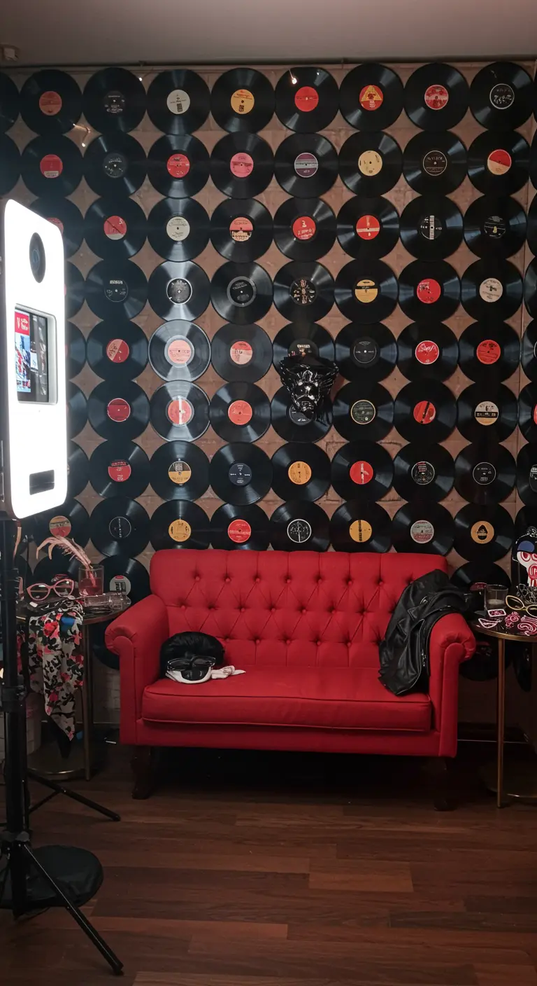 Photobooth avec un canapé rouge vif devant un mur entièrement couvert de vinyles.