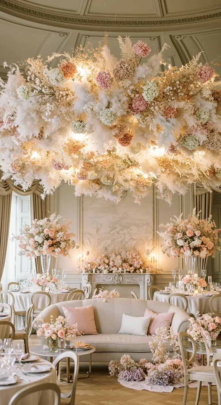 Plafond entièrement recouvert d'une composition florale rose et blanche avec des lumières.