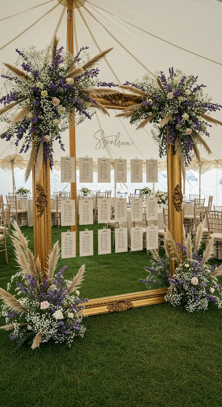 Grand cadre doré servant de plan de table, décoré de bouquets de pampa et lavande.