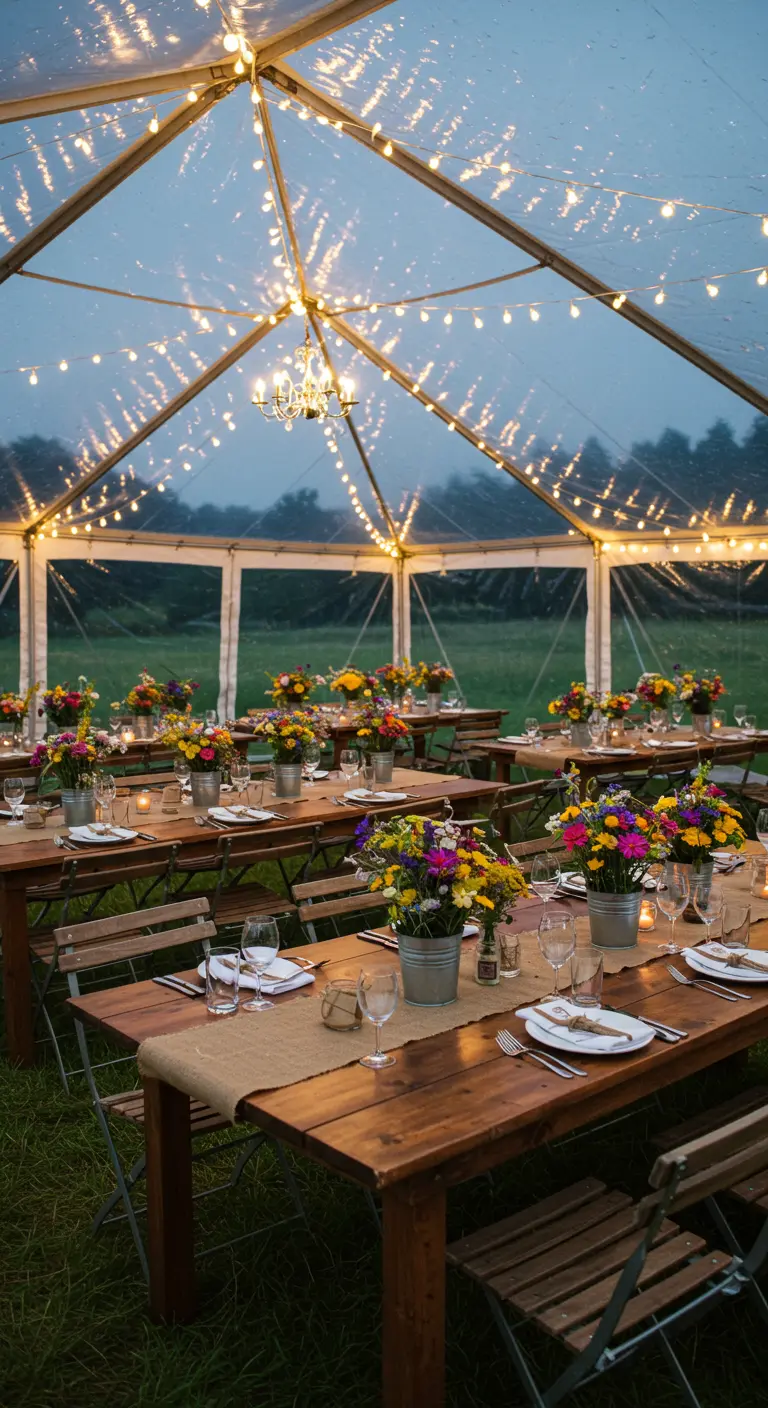Tables de mariage sous une tente avec bouquets colorés et serviettes simples.