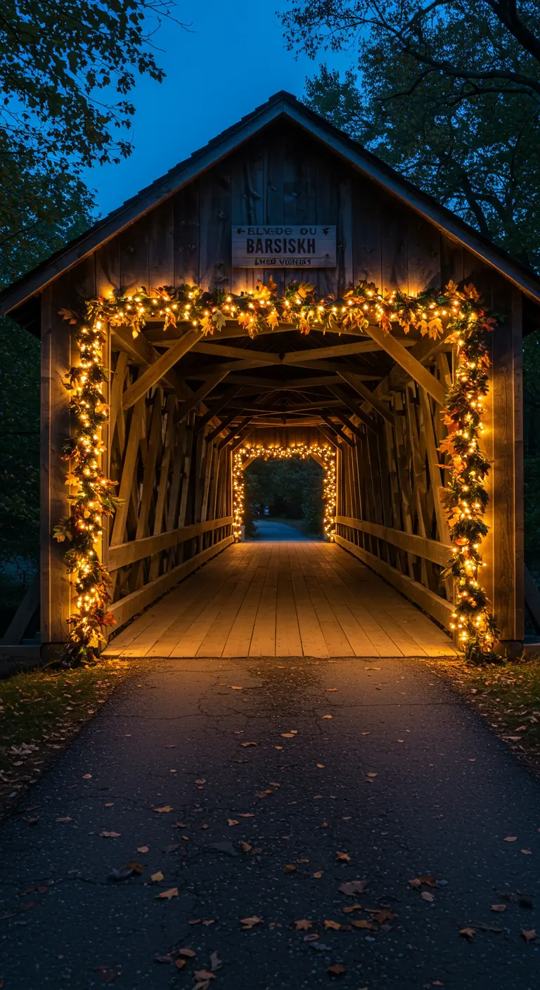 Pont couvert en bois dont l'entrée est encadrée de guirlandes automnales lumineuses.