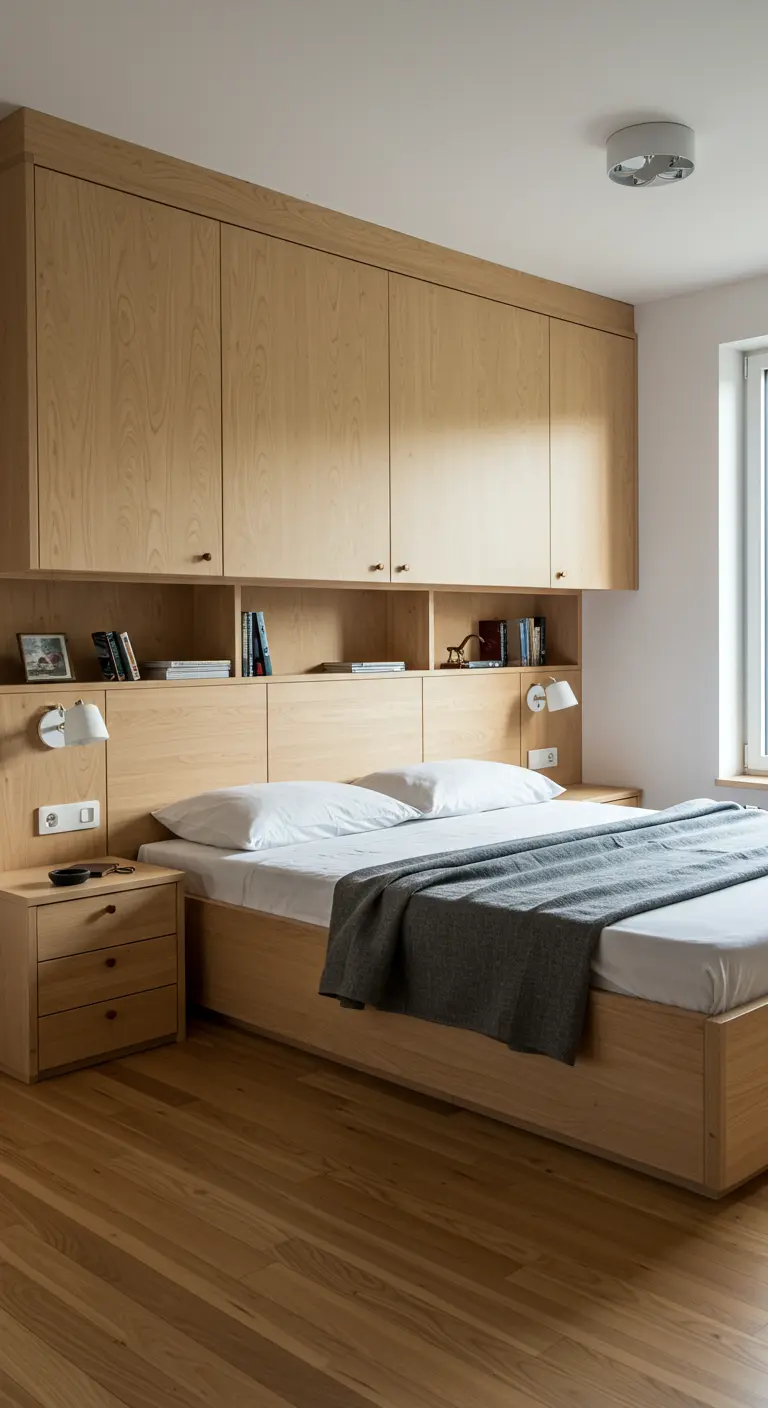 Aménagement de pont de lit en bois clair avec des placards de rangement au-dessus du couchage.