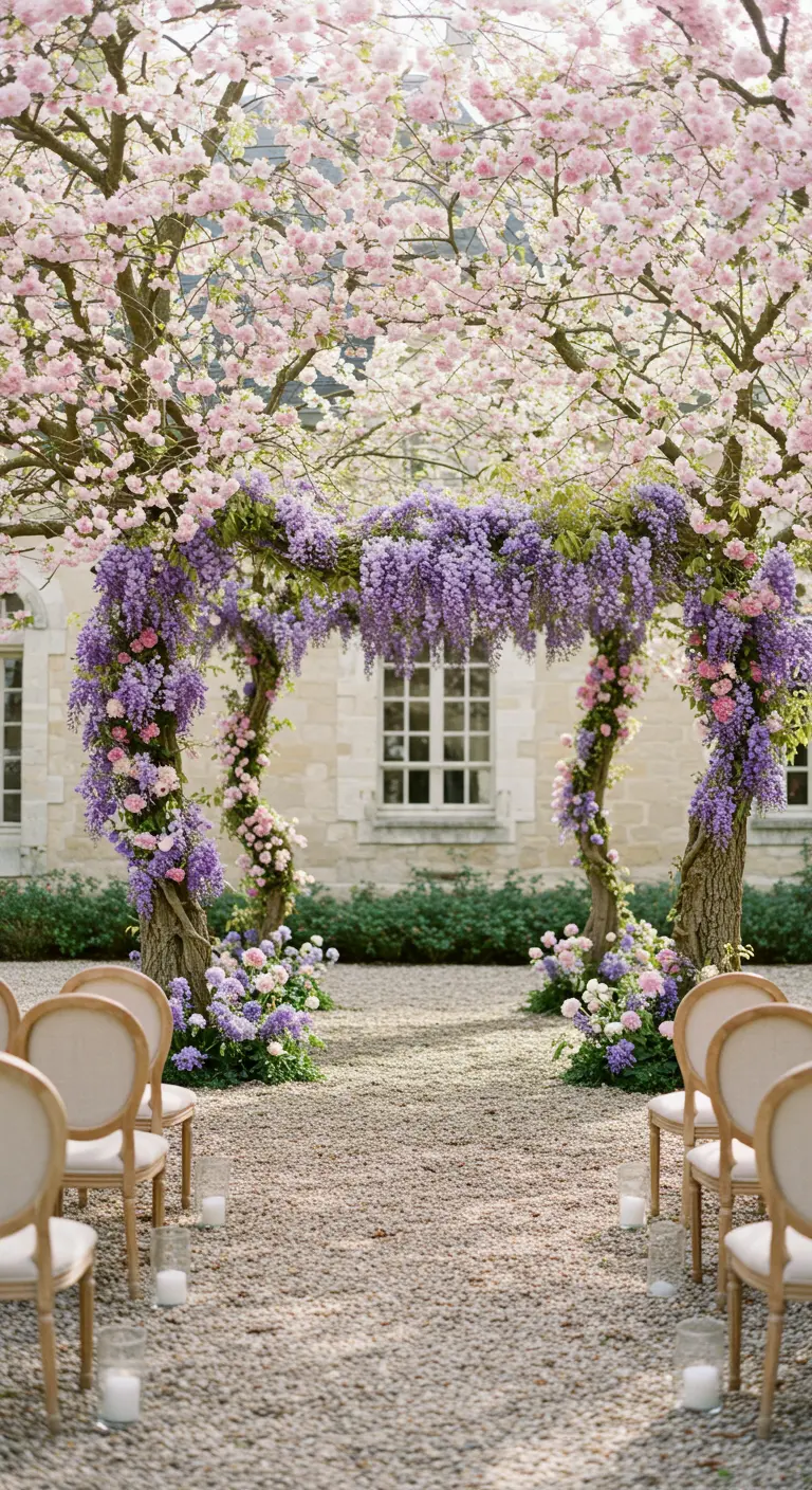 Arche de mariage naturelle formée par deux arbres fleuris et de la glycine violette.